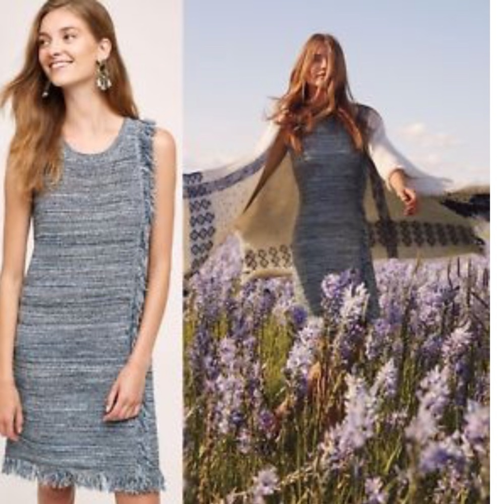 Women's Anthropologie Holding Horses Blue Fringe Sweater Midi Dress Size Medium